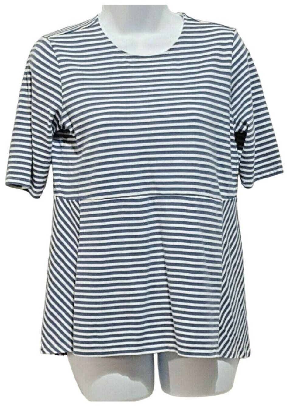 J Jill Womens Tee T-Shirt XS Blue Stripe Flared Hem Short Sleeve Crew Neck
